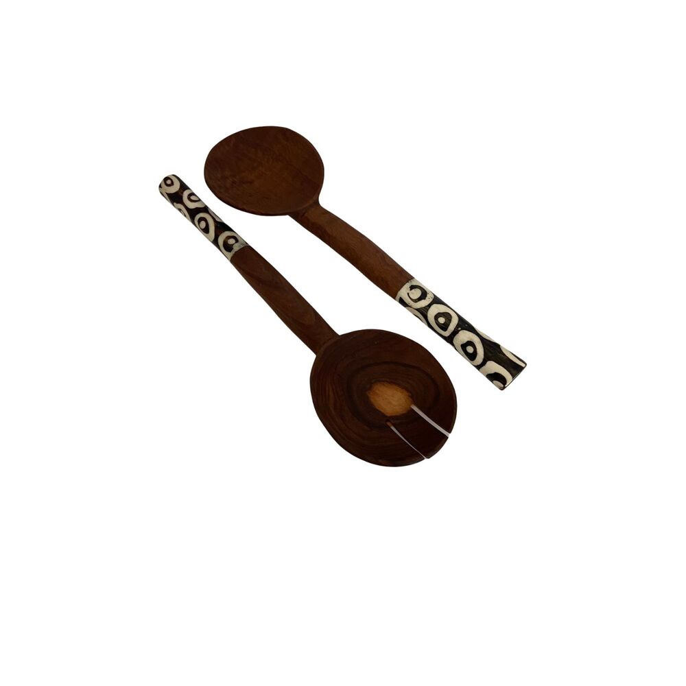 Hand Carved Olive Wood Salad Servers Bone Handles Kenya 12" Batik Style
